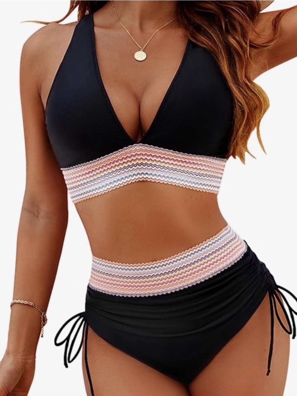 NWT Blooming Jelly Two-Piece High-Waist black Bikini with Multicolor Zigzag Trim